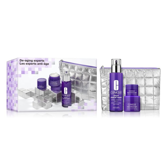 Clinique De-aging Experts cosmetics set with makeup bag